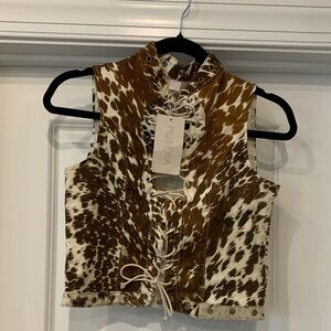 Musera Brown & White Lace-Up Cowhide Crop Vest/ top LG stretch & corset NWT